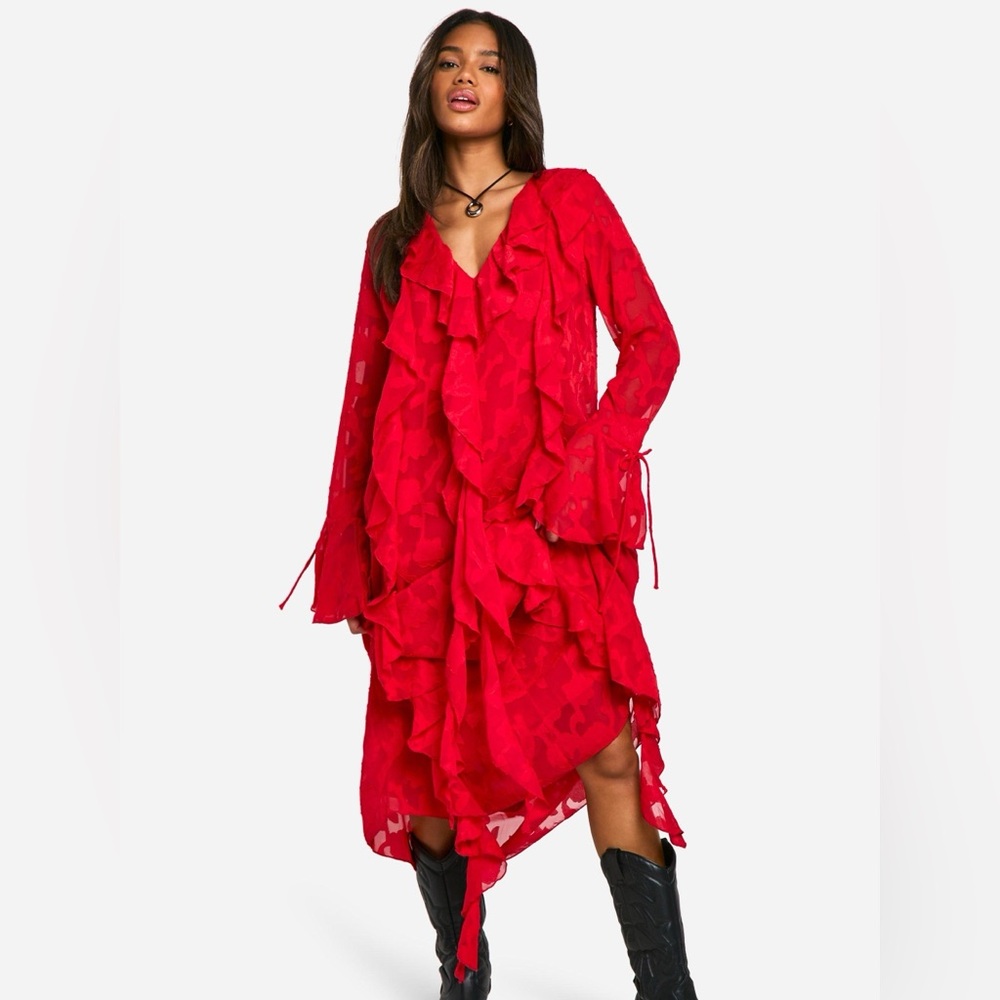 Burnout Floral Ruffle Midi Dress